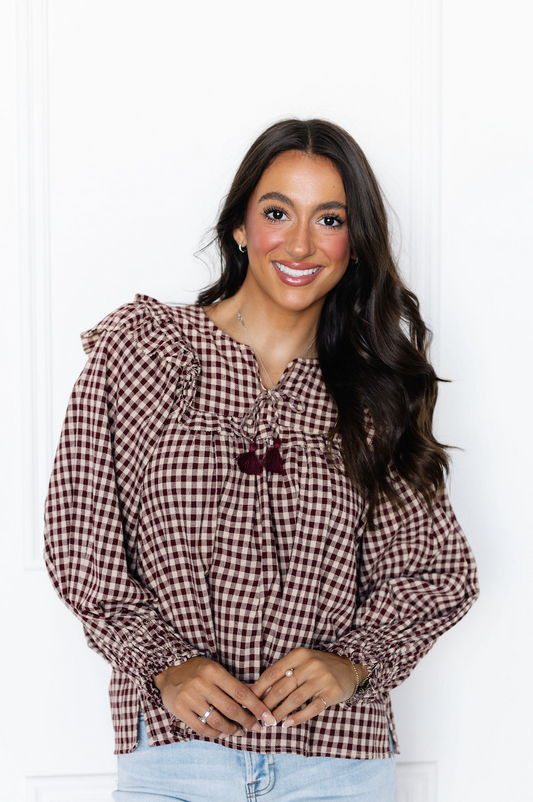 Burgundy Plaid Ruffle Blouse