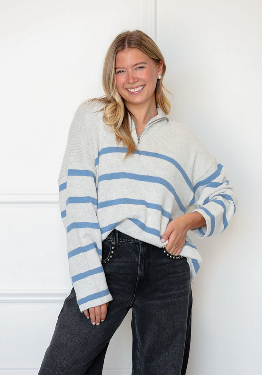 Blue Stripe Zip Up Sweater