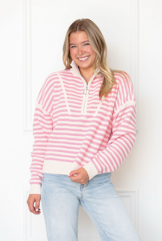 Half Zip Stripe Sweater Pink/White