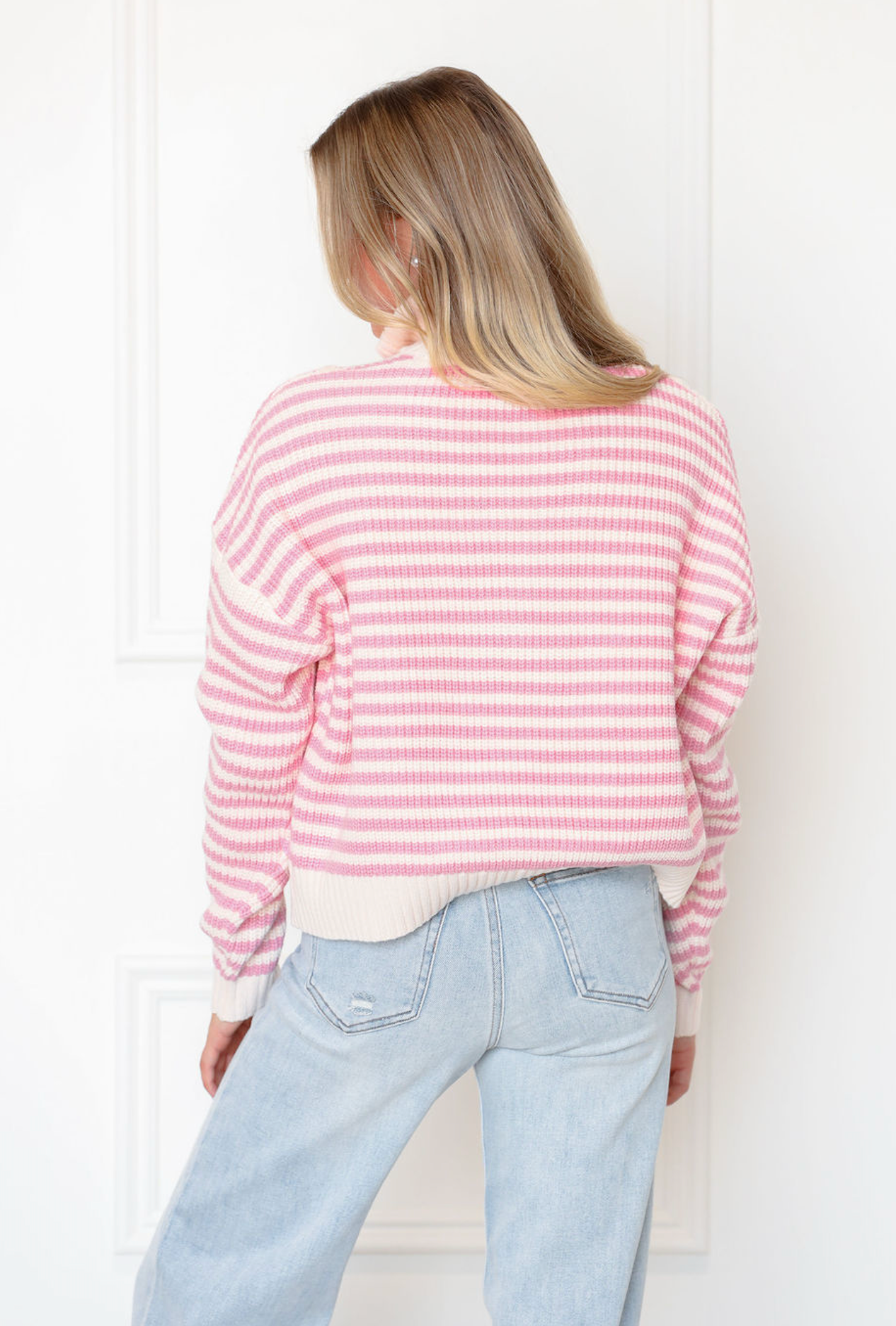 Half Zip Stripe Sweater Pink/White