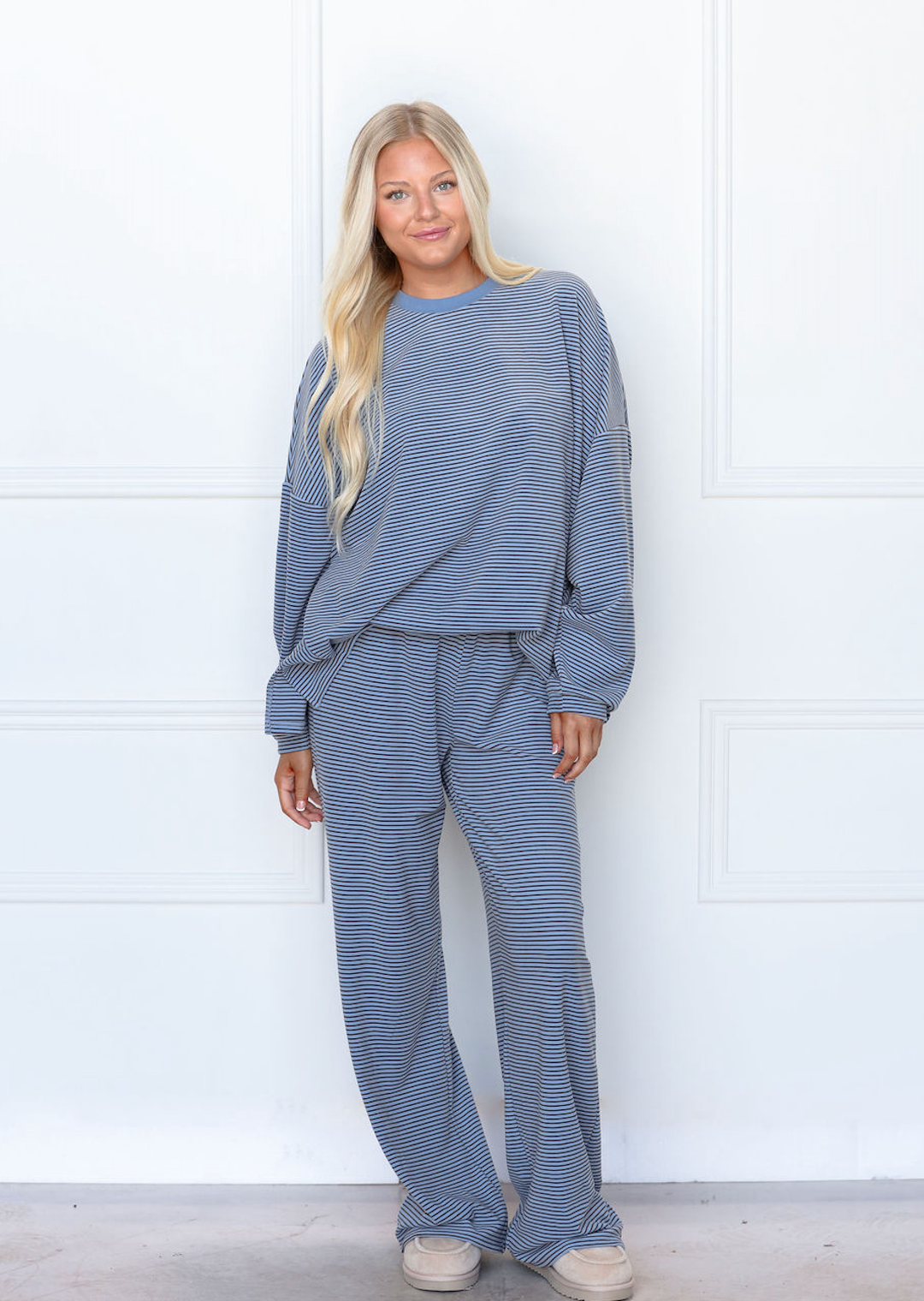 Striped Fleece Oversize Top Blue