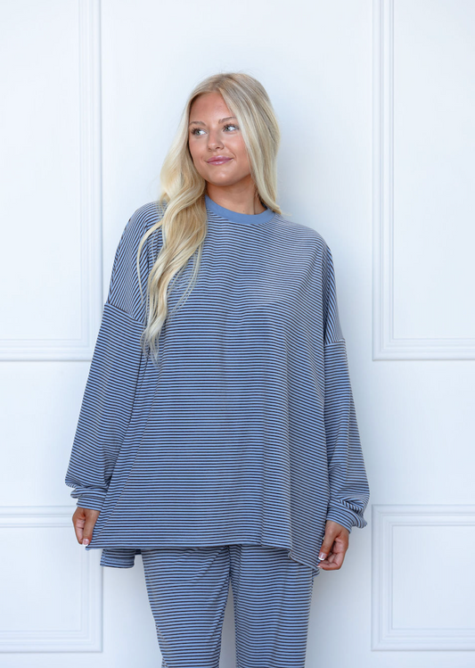 Striped Fleece Oversize Top Blue