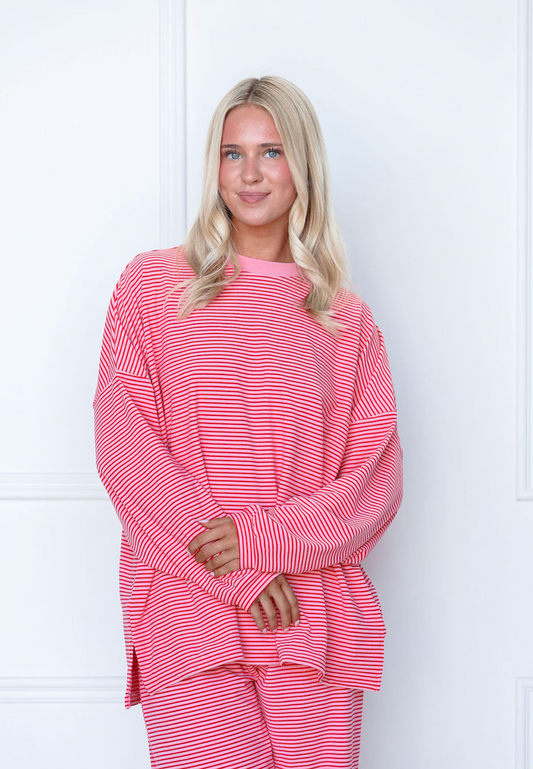 Striped Fleece Oversize Top Pink