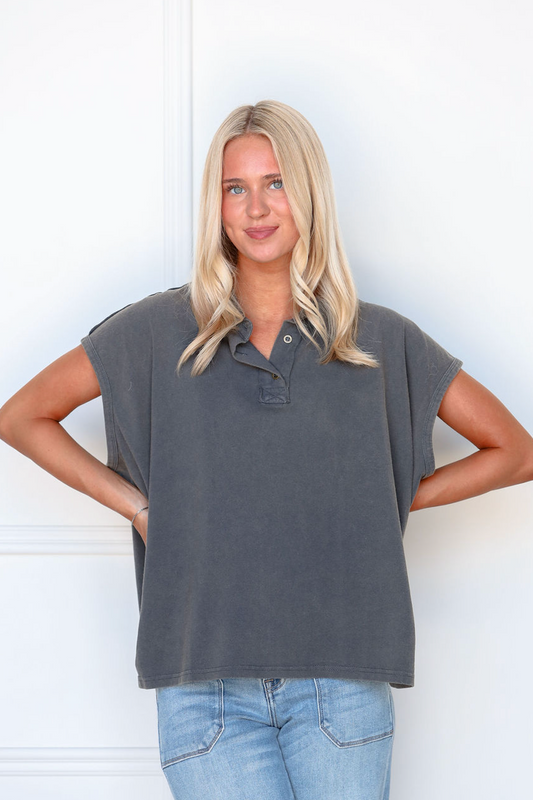 Charcoal Boxy Polo Top
