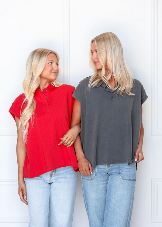 Charcoal Boxy Polo Top - Clothe Boutique