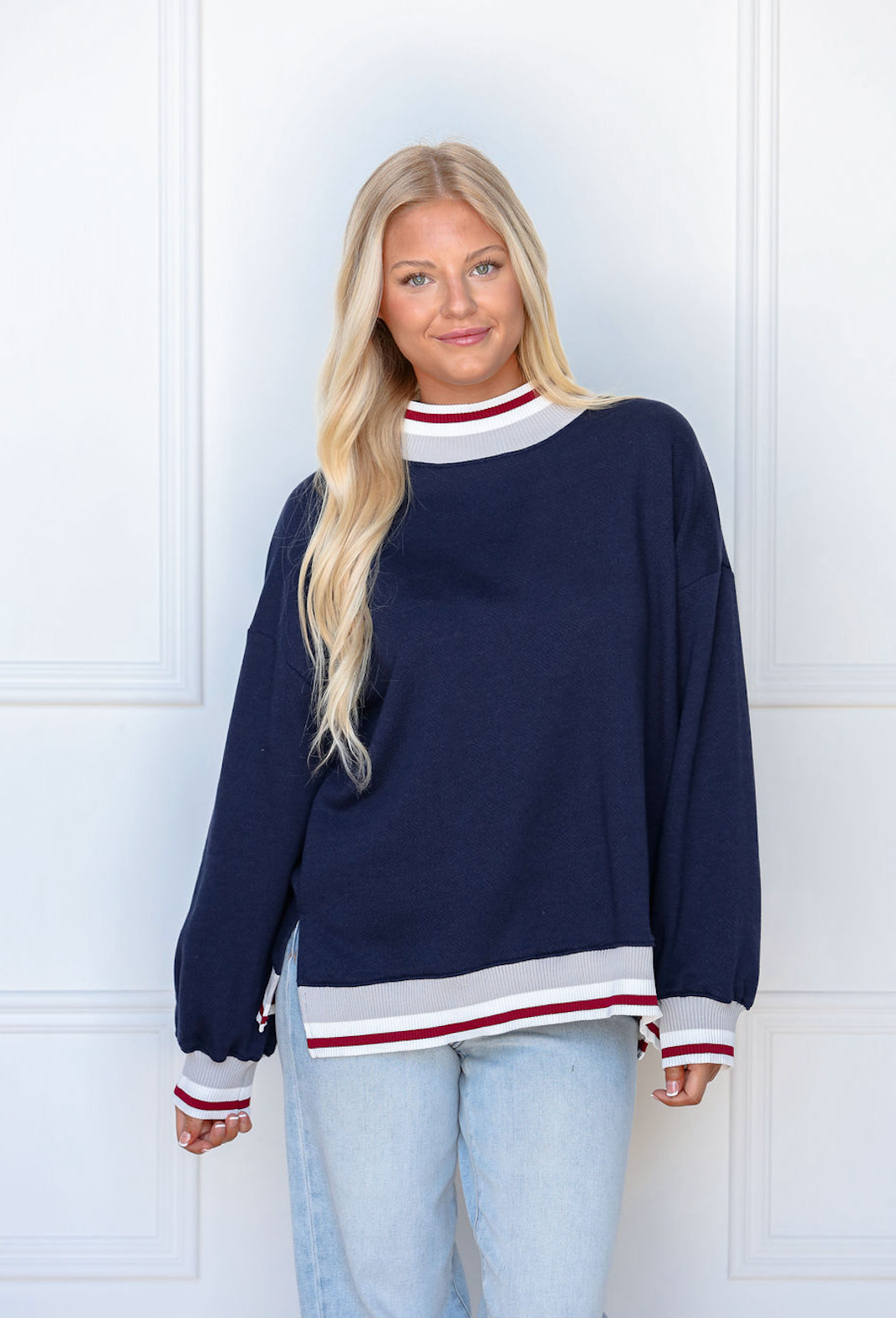 Athletic Stripe Mock Sweatshirt Navy