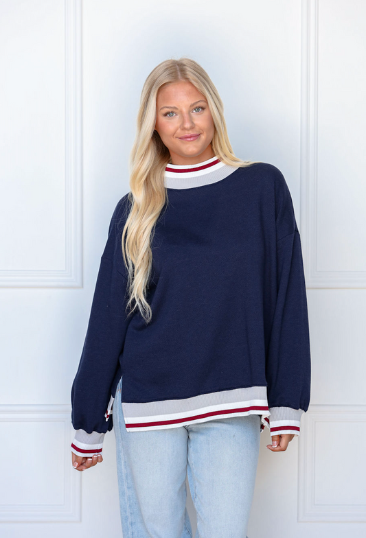 Athletic Stripe Mock Sweatshirt Navy