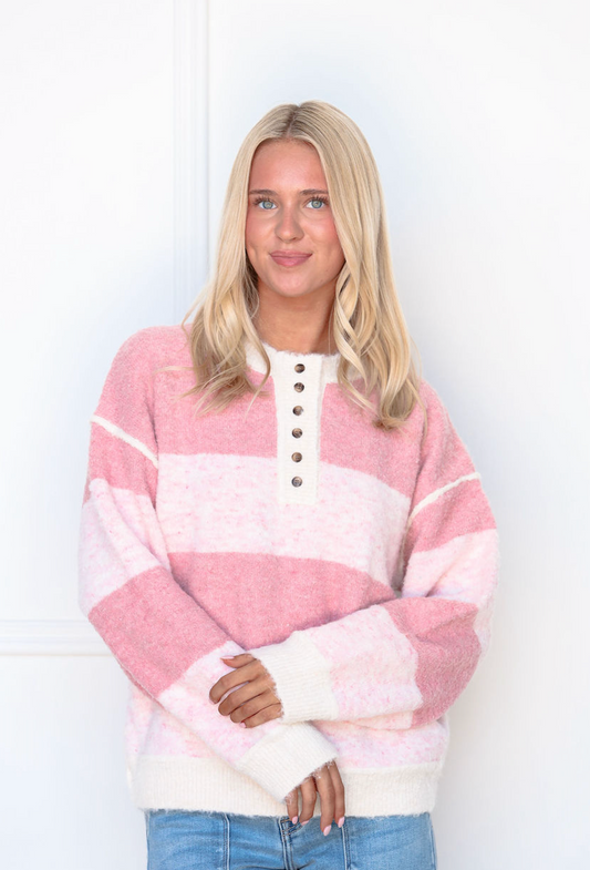 Pink Henley Stripe Sweater