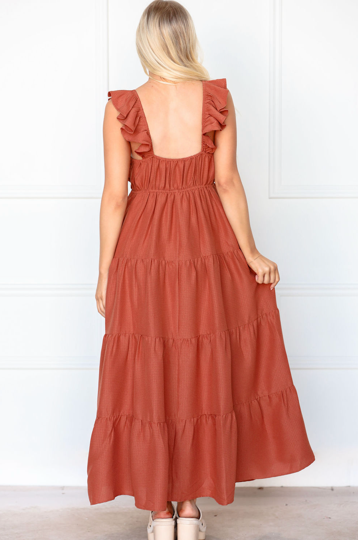 Burl Wood Tiered Midi Dress