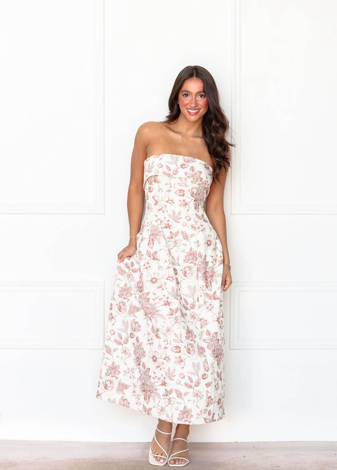 Strapless Brown Floral Midi Dress