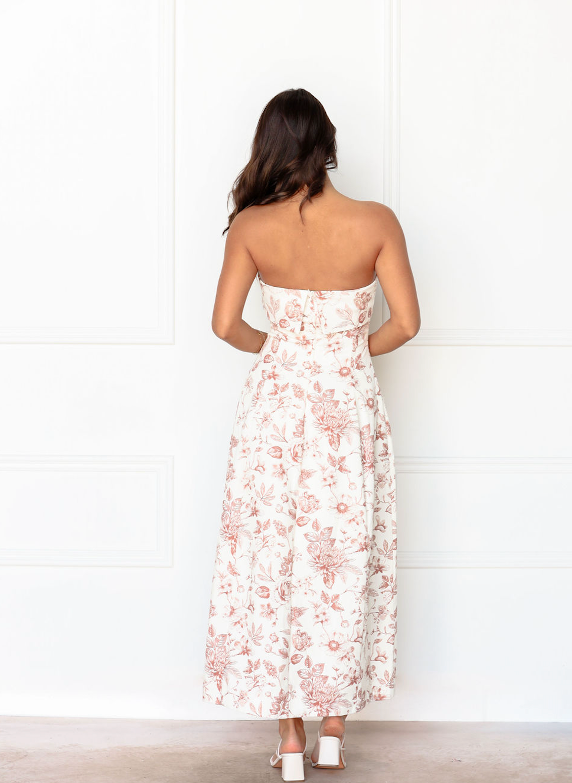 Strapless Brown Floral Midi Dress