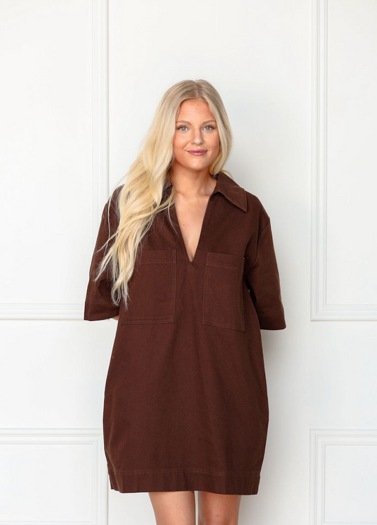 Denim Front Pockets Dress Chocolate