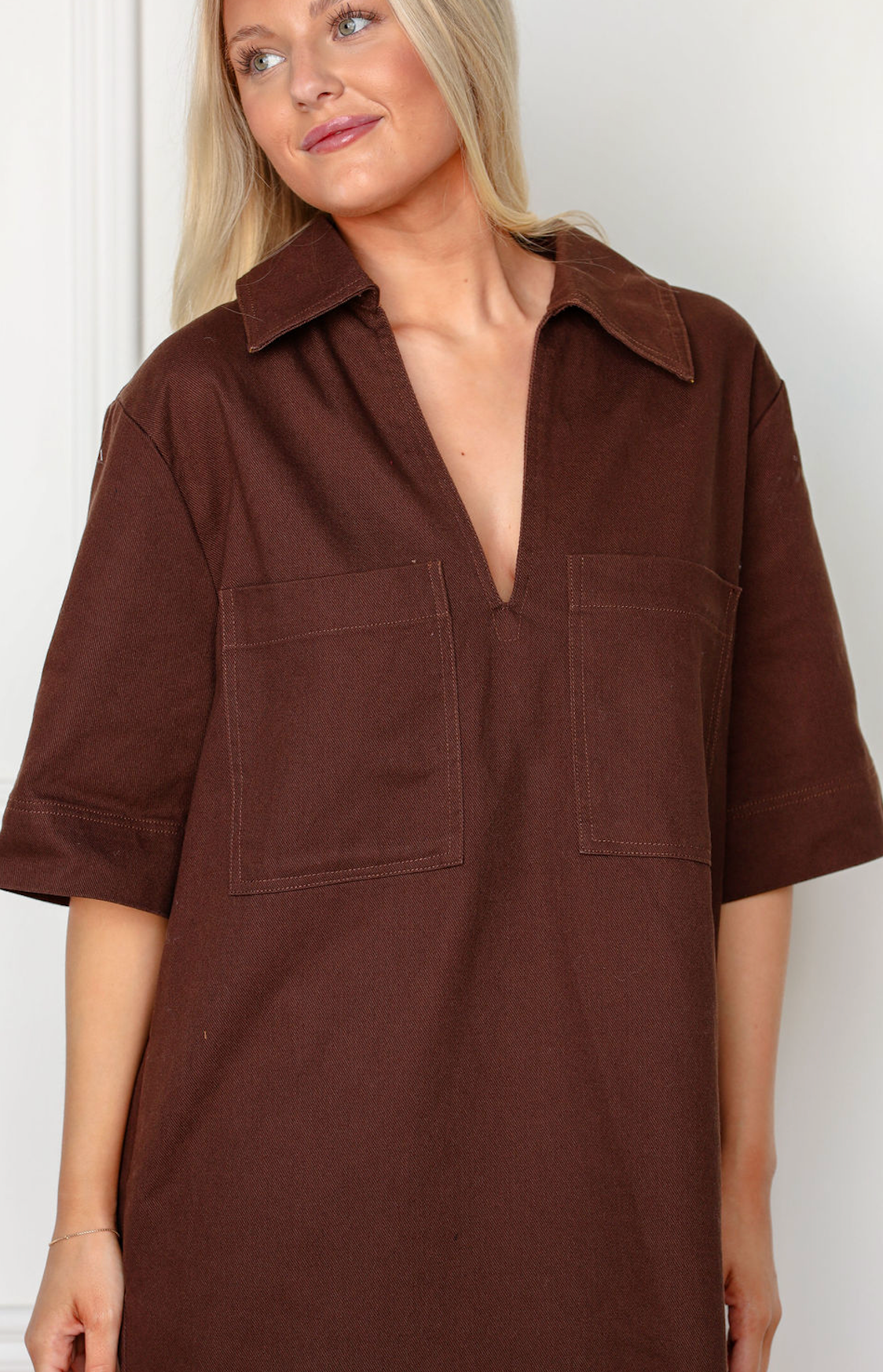 Denim Front Pockets Dress Chocolate