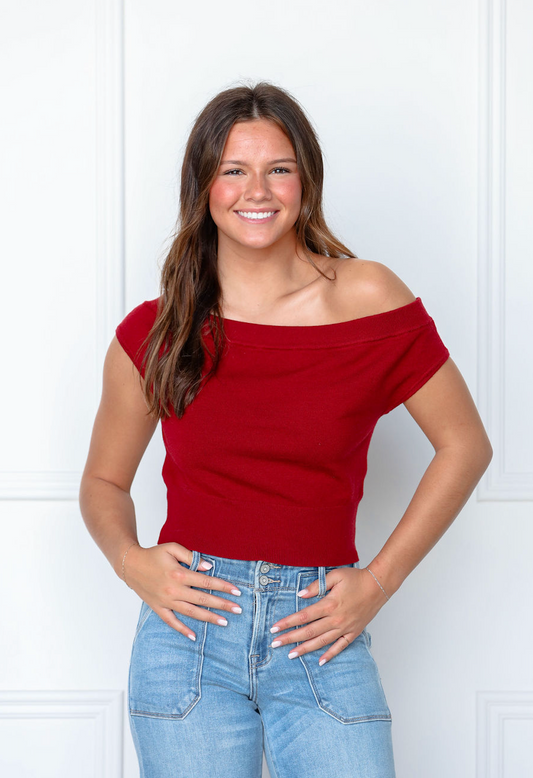 Maroon Off Shoulder Cropped Sweater