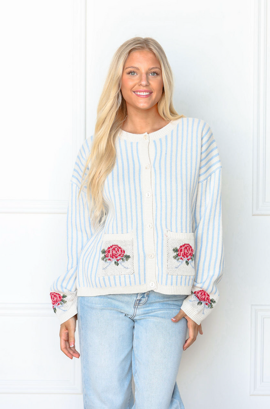 Blue Stripe Rose Pocket Cardi