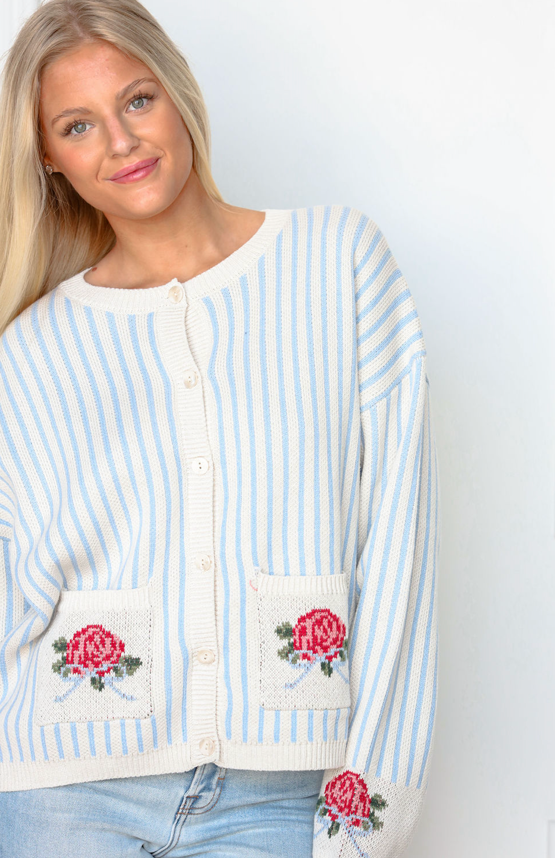 Blue Stripe Rose Pocket Cardi