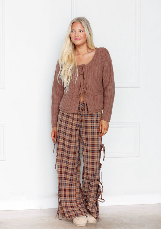 Brown Plaid Side Tie Pants