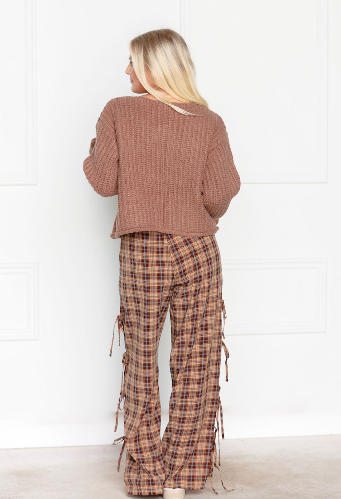 Brown Plaid Side Tie Pants