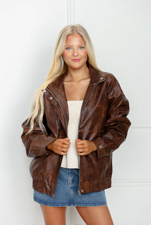 Faux Leather Oversized Bomber Jacket