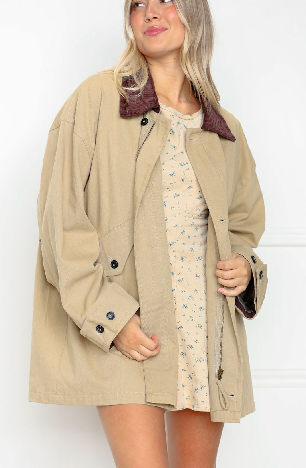Corduroy Collar Oversized Jacket Khaki