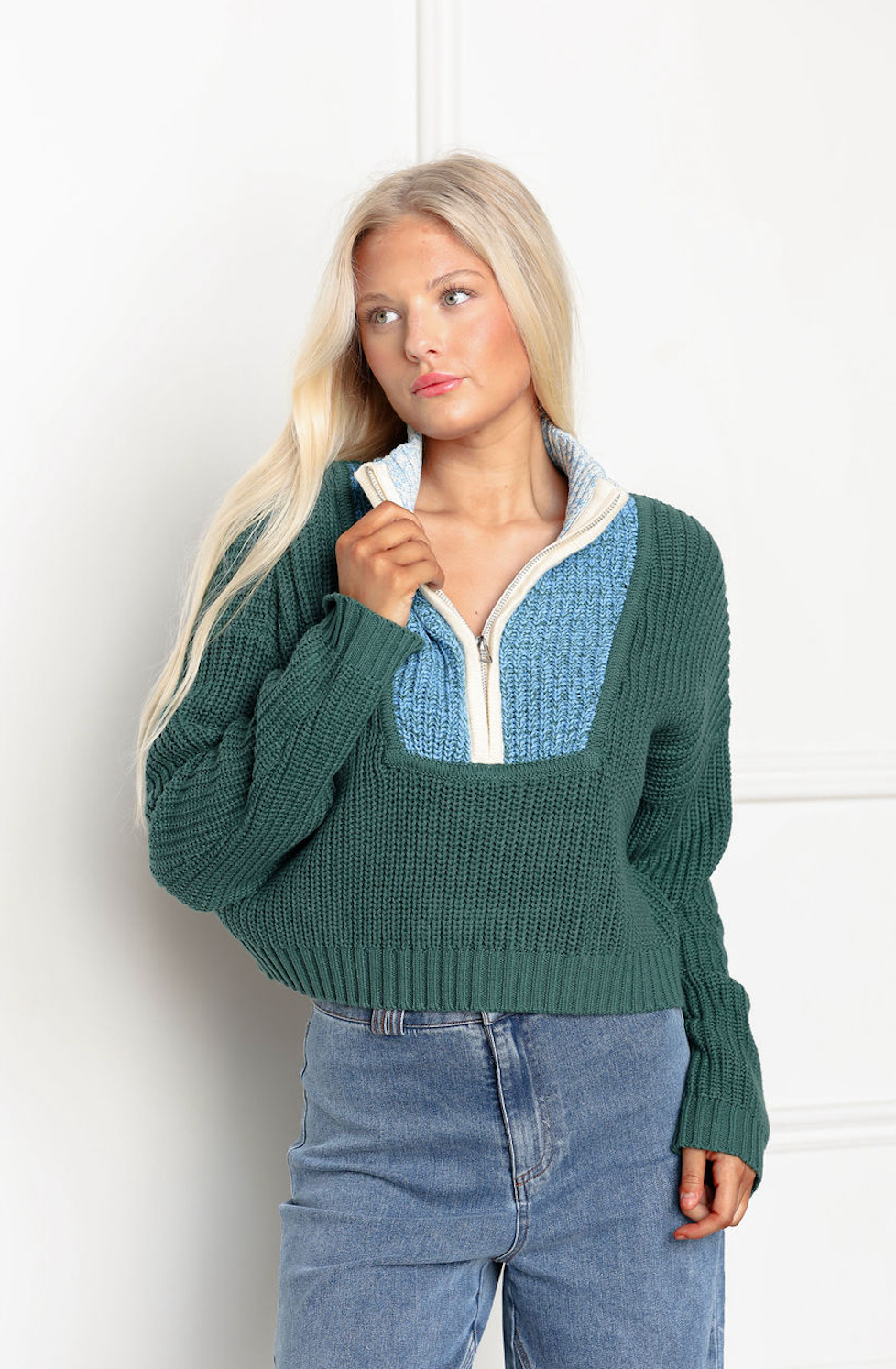 Green Combo Zip Up Sweater