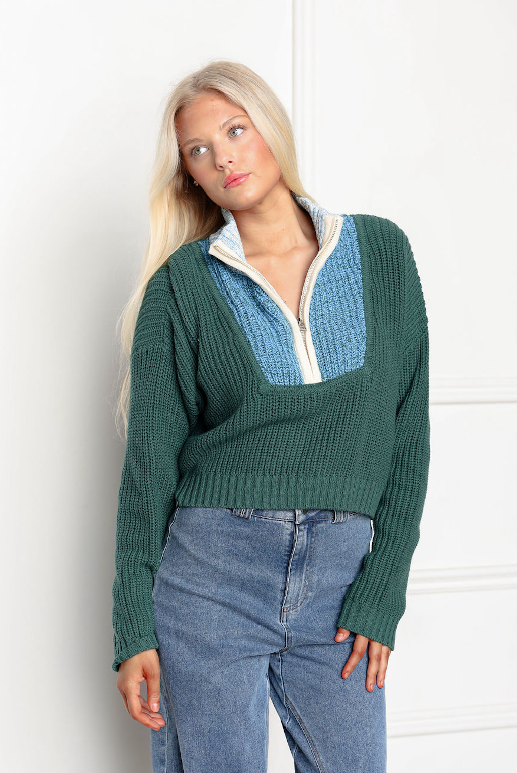 Green Combo Zip Up Sweater