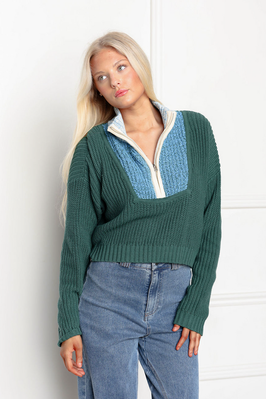 Green Combo Zip Up Sweater