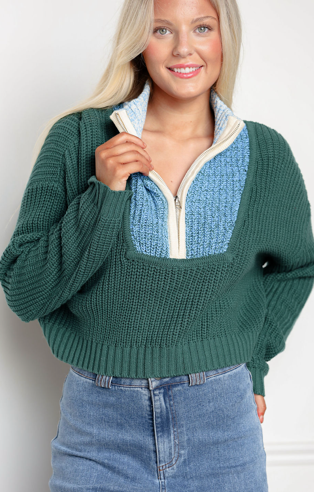 Green Combo Zip Up Sweater
