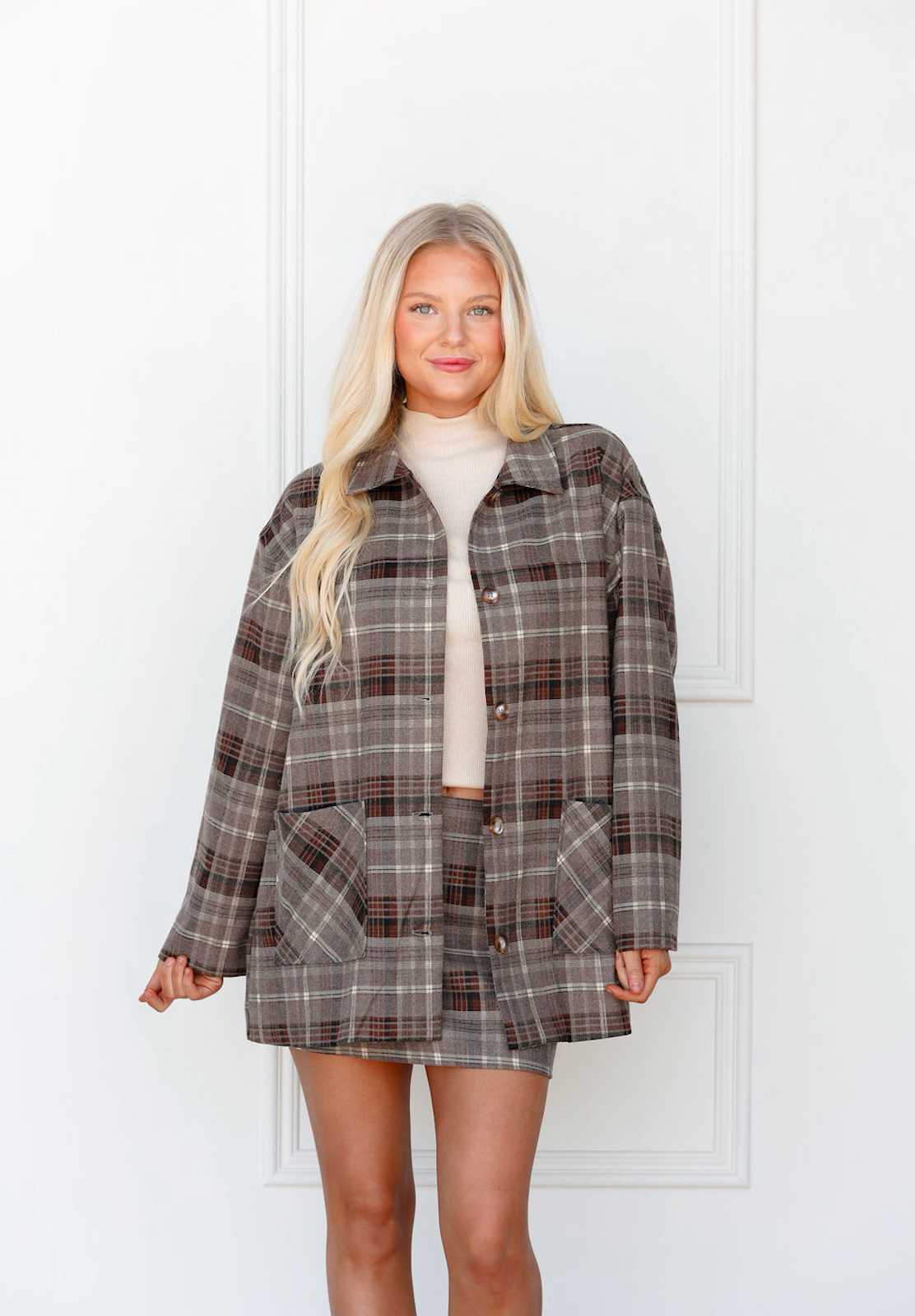 Oversize Plaid Jacket & Mini Skirt Set of 2