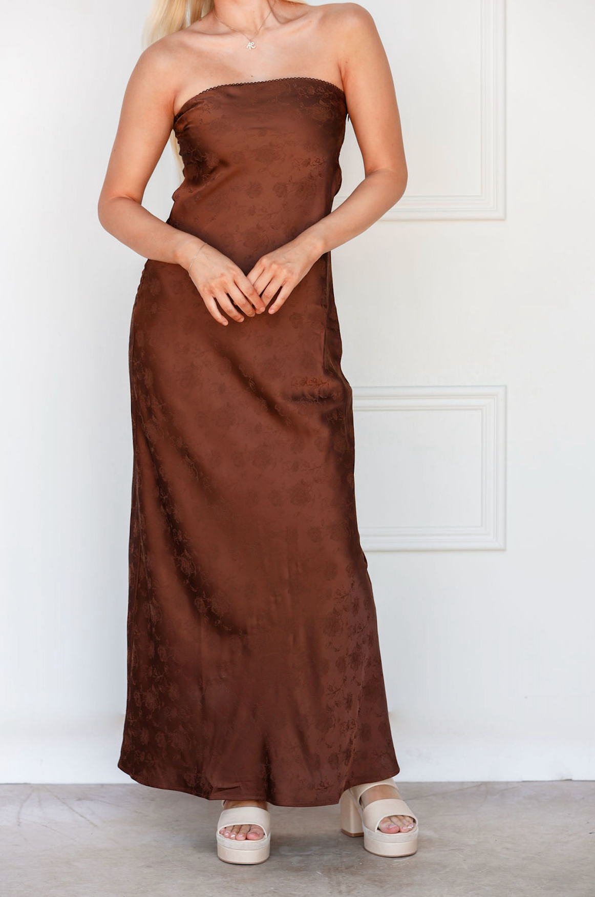 Strapless Floral Satin Maxi Dress Brown