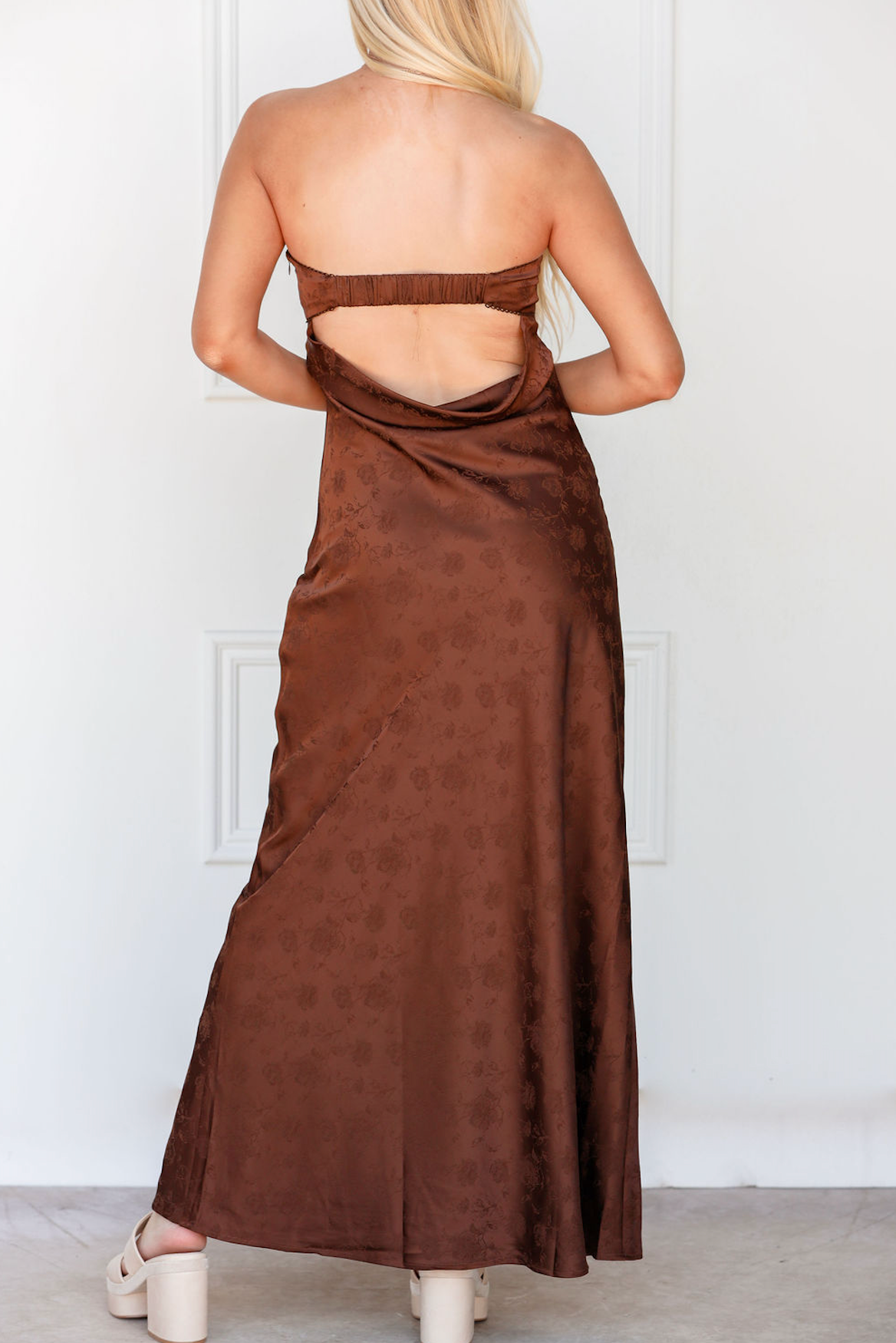 Strapless Floral Satin Maxi Dress Brown