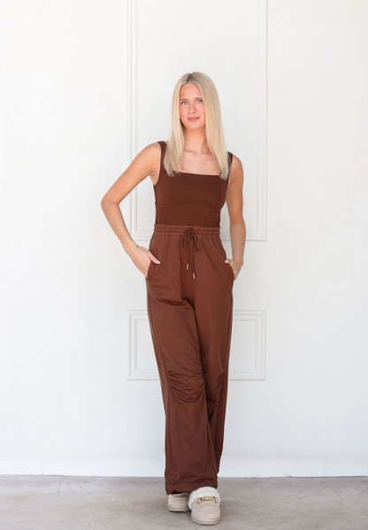 Espresso Jumpsuit w/ Drawstring Hem - Clothe Boutique