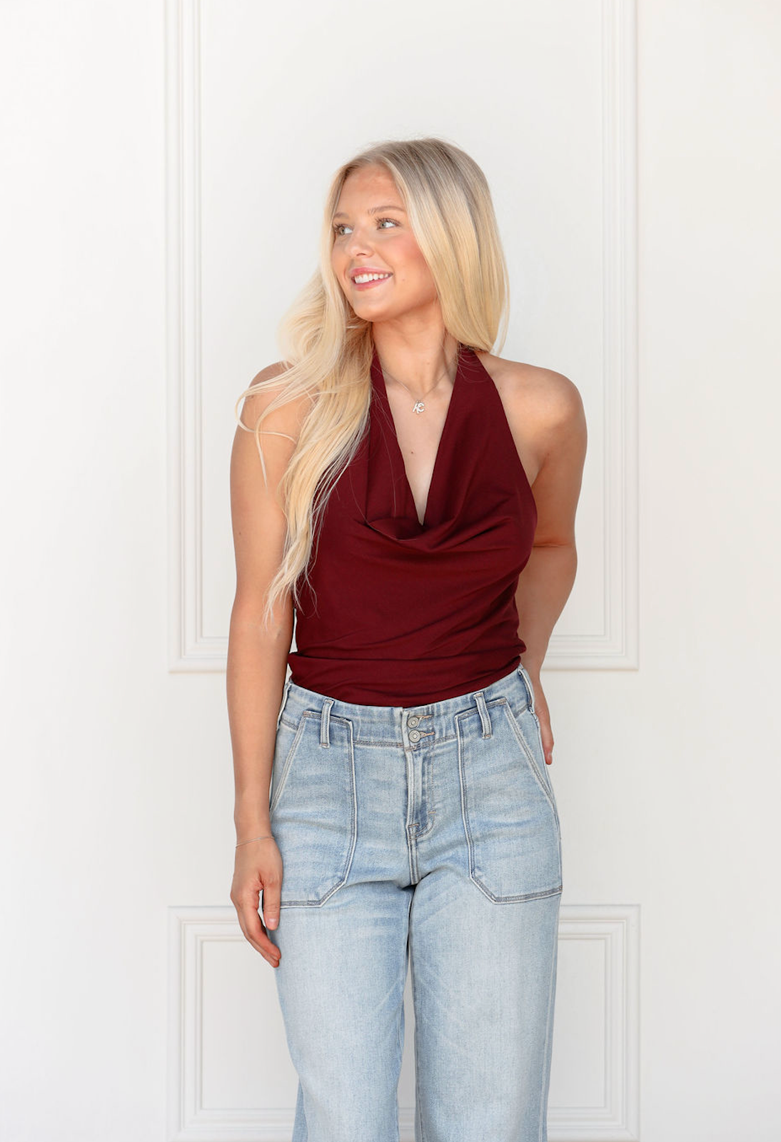 Cowl Neck Ruched Halter Top Maroon