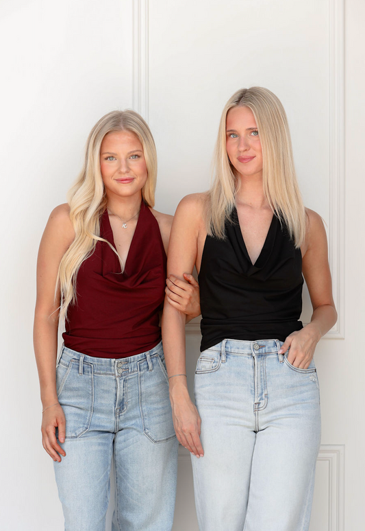 Cowl Neck Ruched Halter Top Black