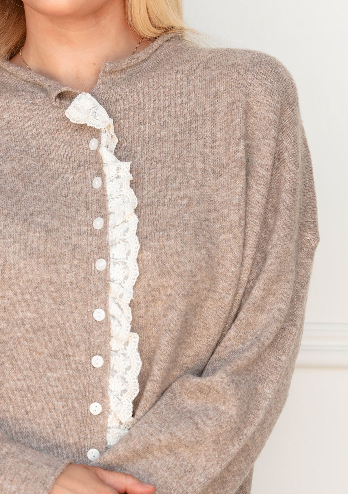Lace Ruffle Edge Cardigan Taupe