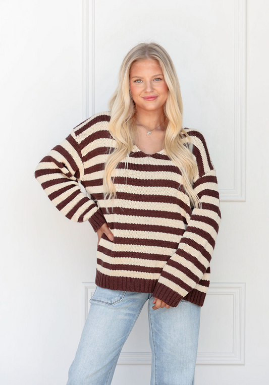 Brown Stripe V-neck Sweater