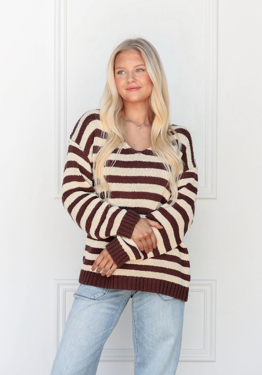 Brown Stripe V-neck Sweater
