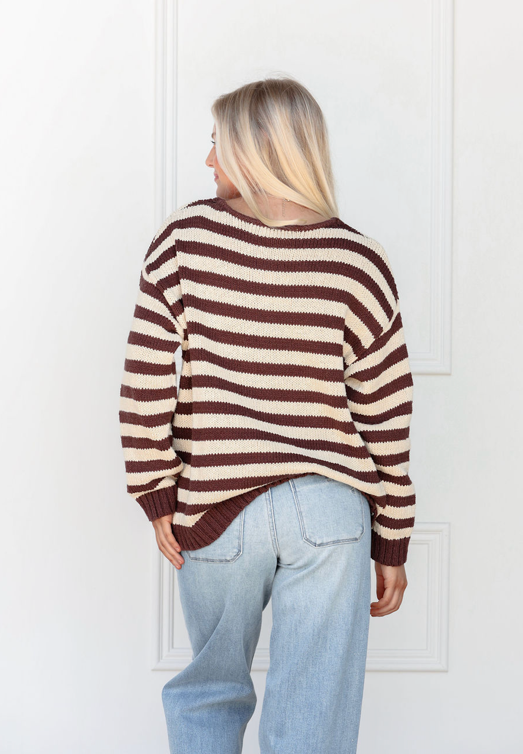 Brown Stripe V-neck Sweater