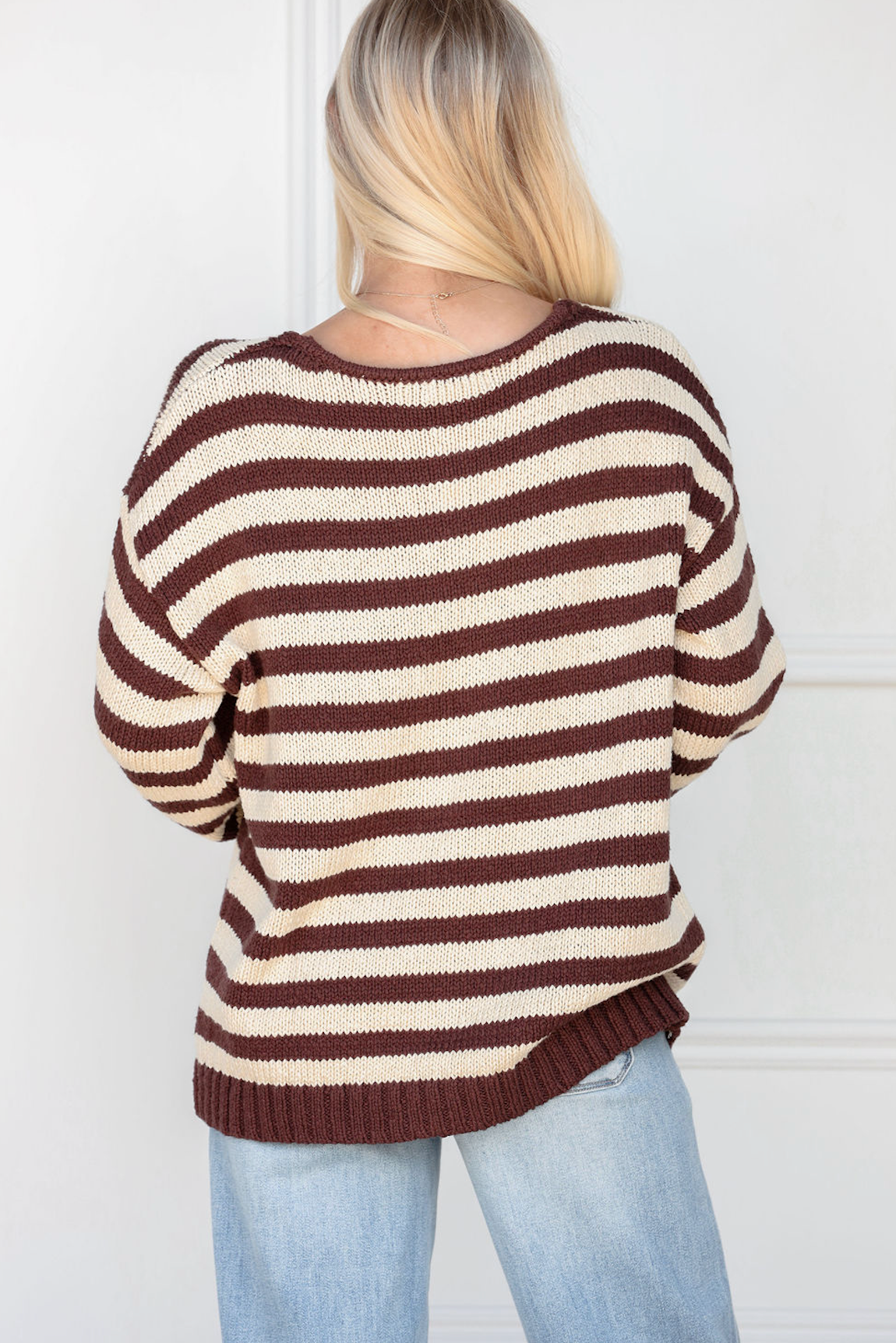 Brown Stripe V-neck Sweater