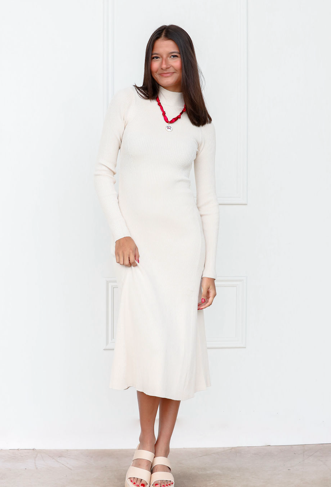 Long Sleeve Knit Midi Dress Cream