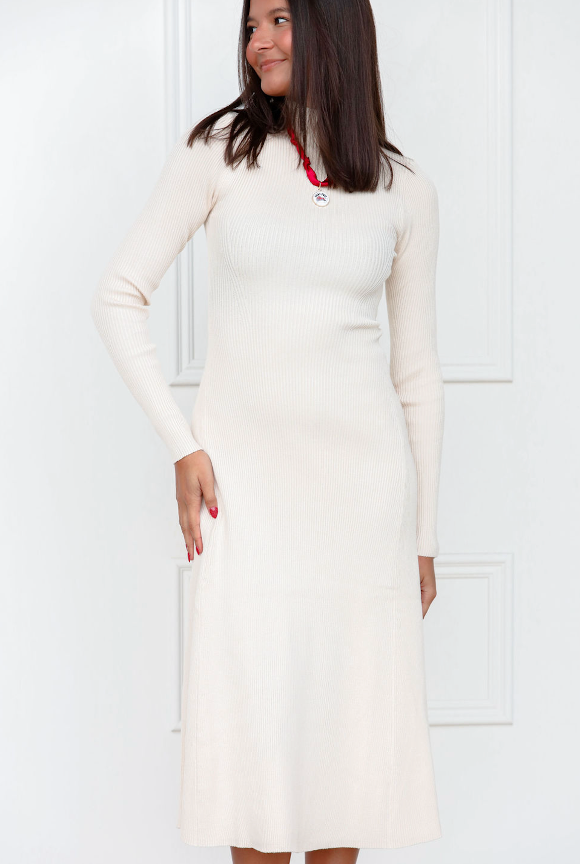Long Sleeve Knit Midi Dress Cream