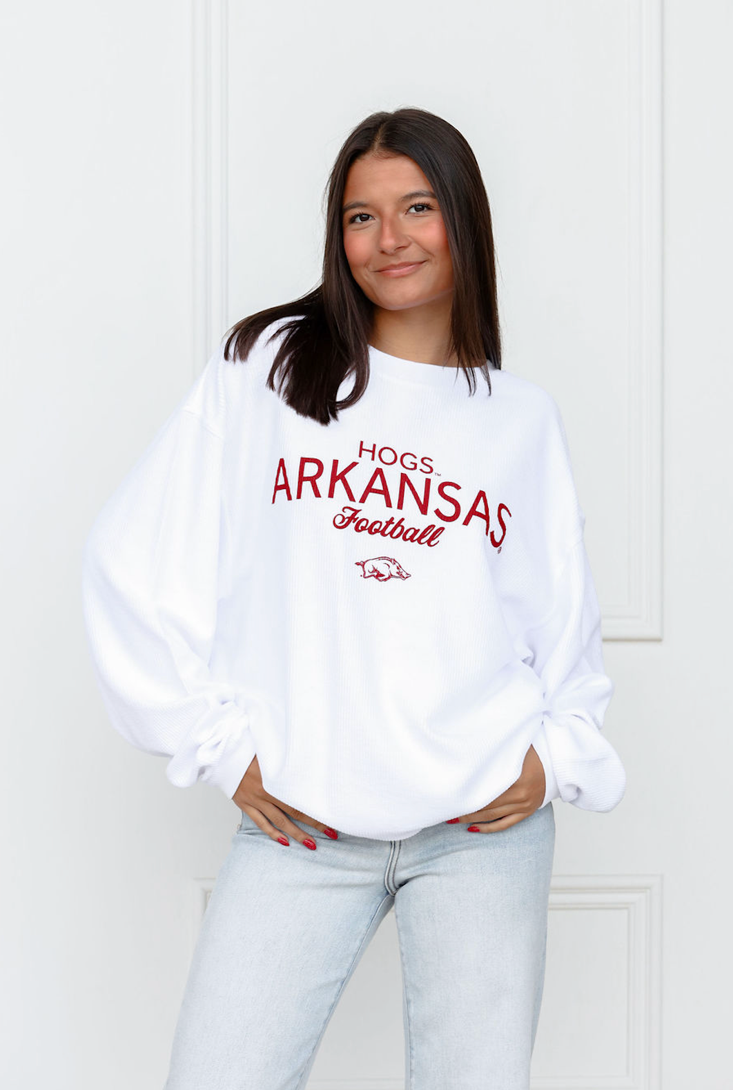 Arkansas Football White Corded Crew