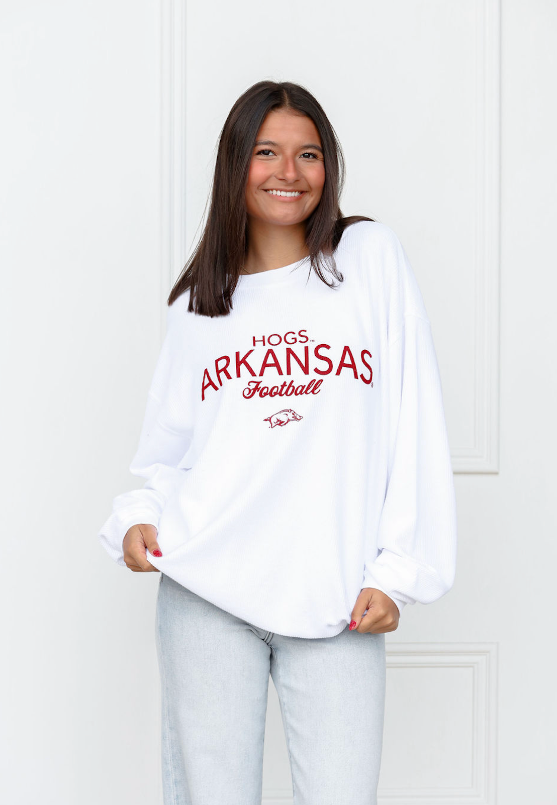Arkansas Football White Corded Crew