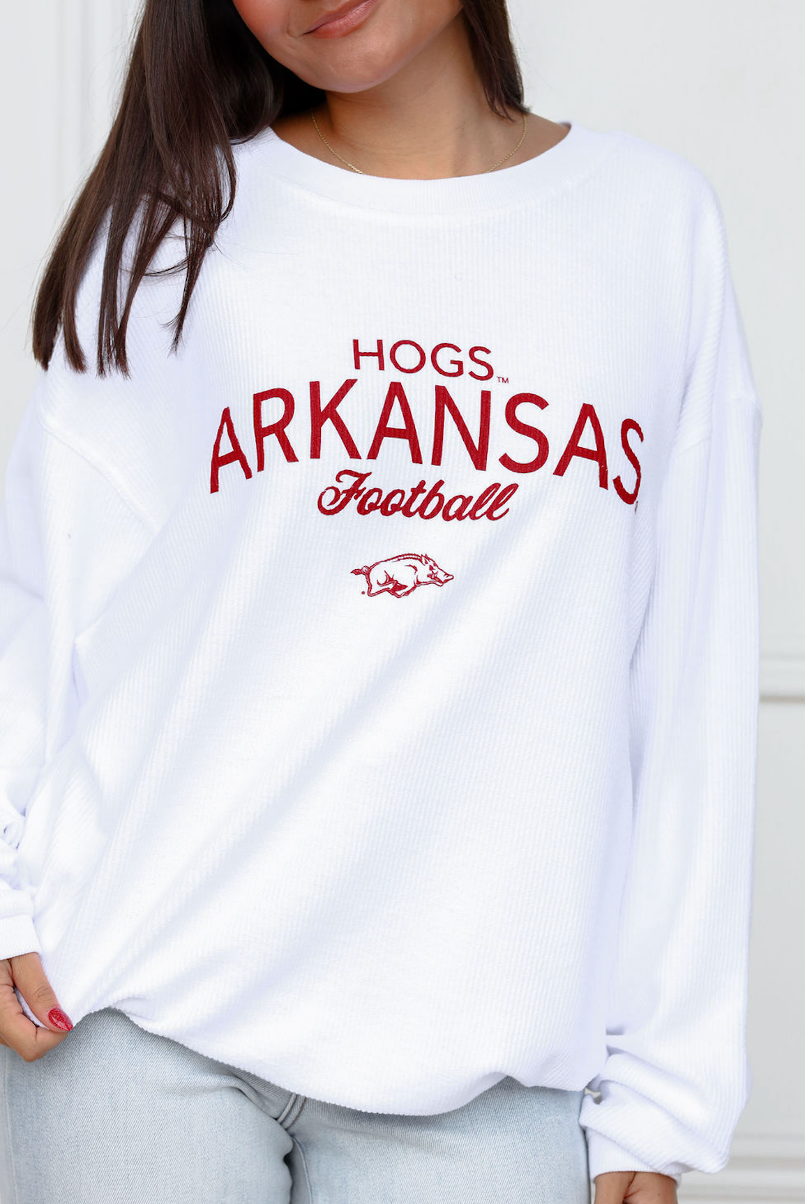 Arkansas Football White Corded Crew