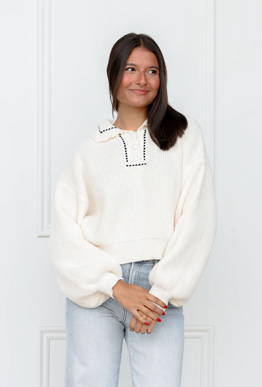 Cream Collared Sweater w/ Black Ribbon Detail