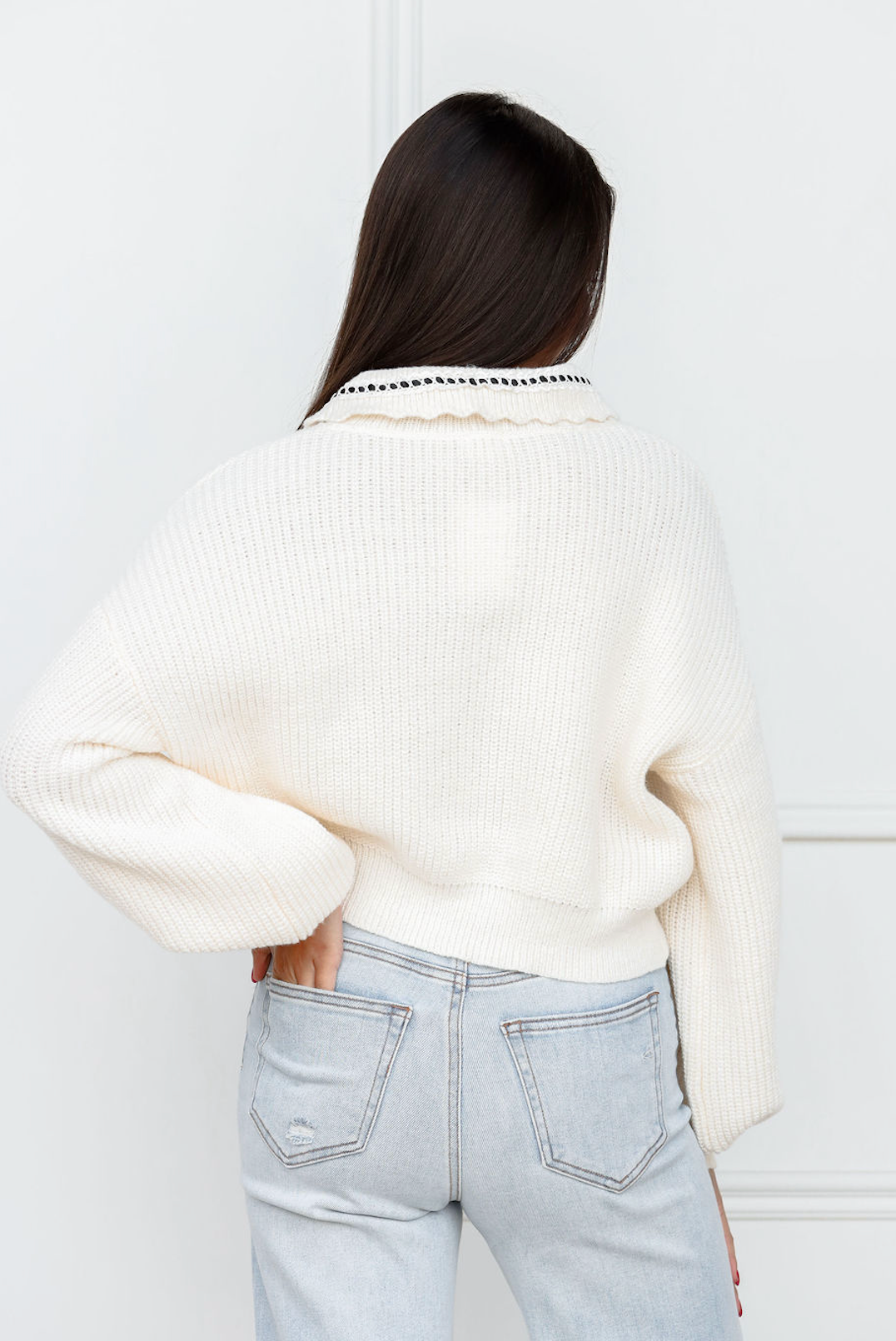 Cream Collared Sweater w/ Black Ribbon Detail