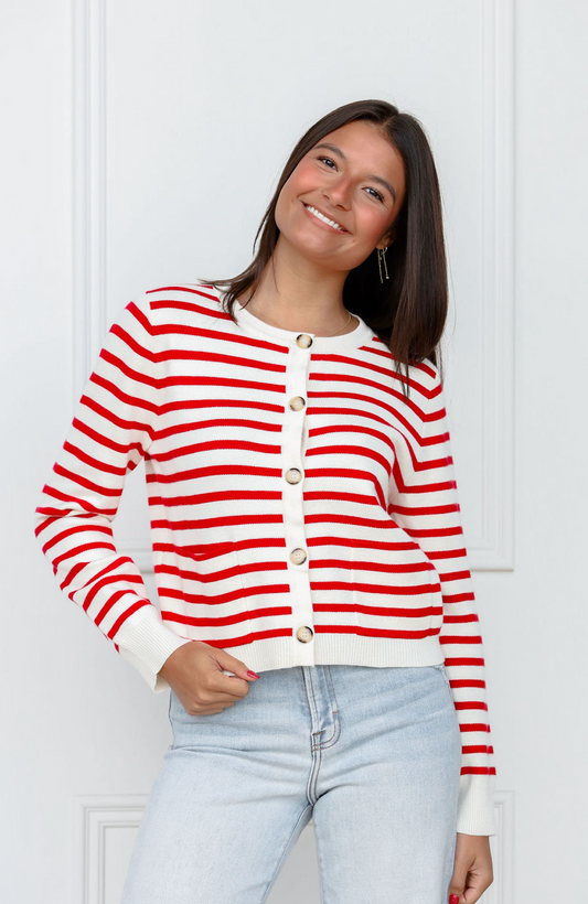 Red Stripe Button Down Sweater
