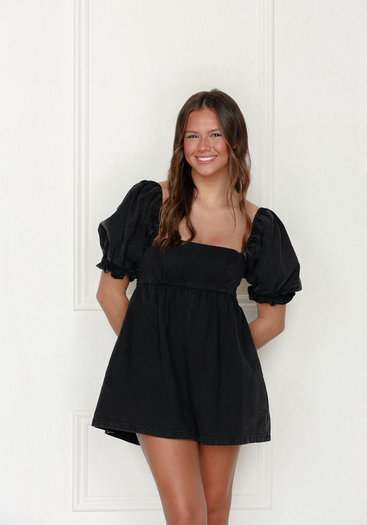 Relaxed Puff Sleeve Romper Black