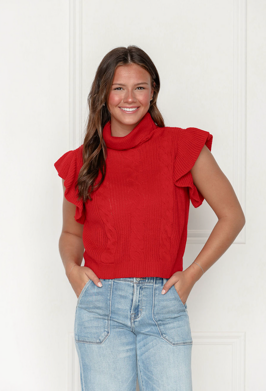 Cable Knit Ruffle Sweater Red