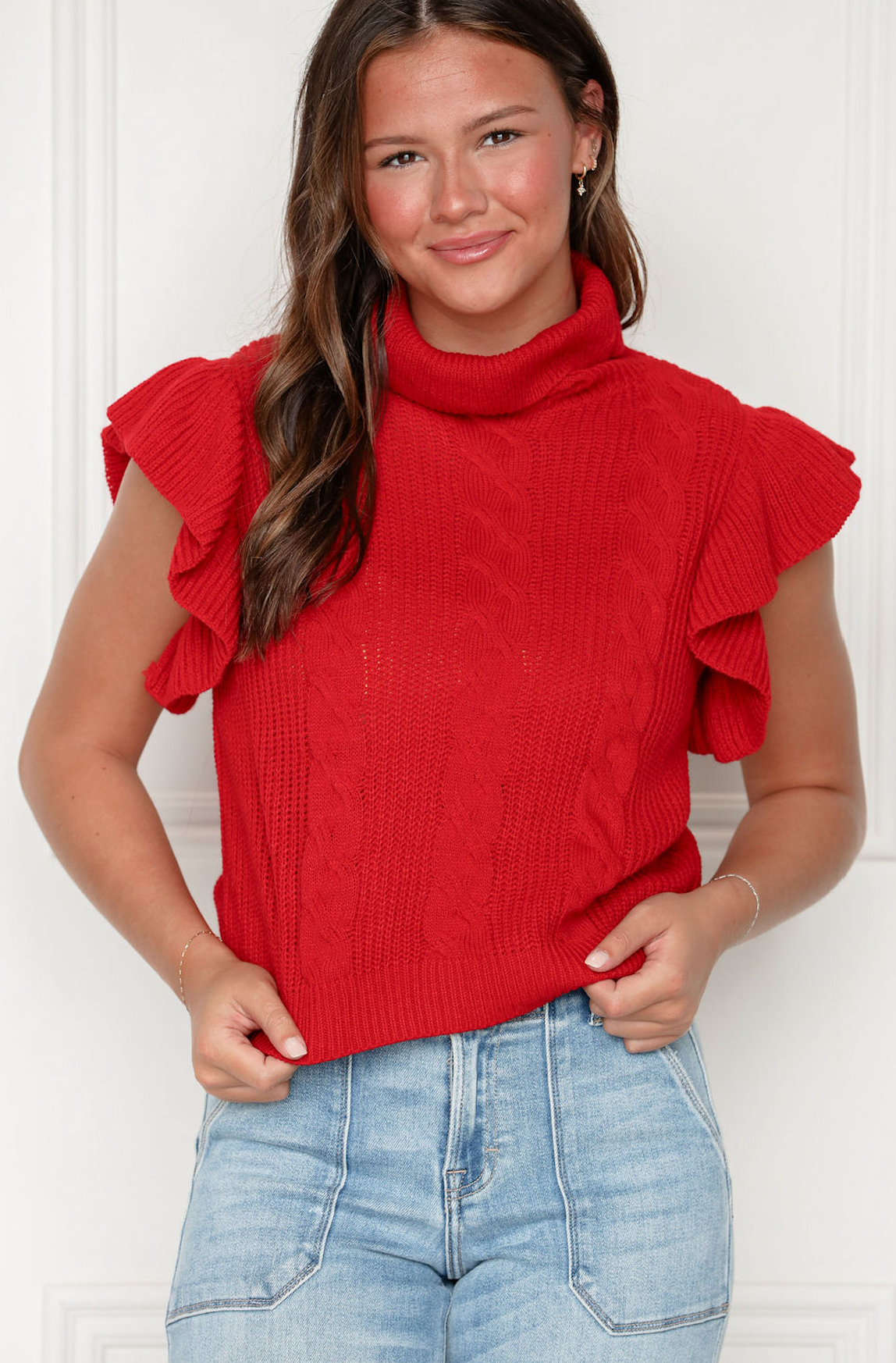 Cable Knit Ruffle Sweater Red